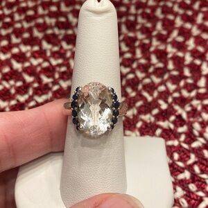 Elegant Crystal and Black/Blue Stone Sterling Ring